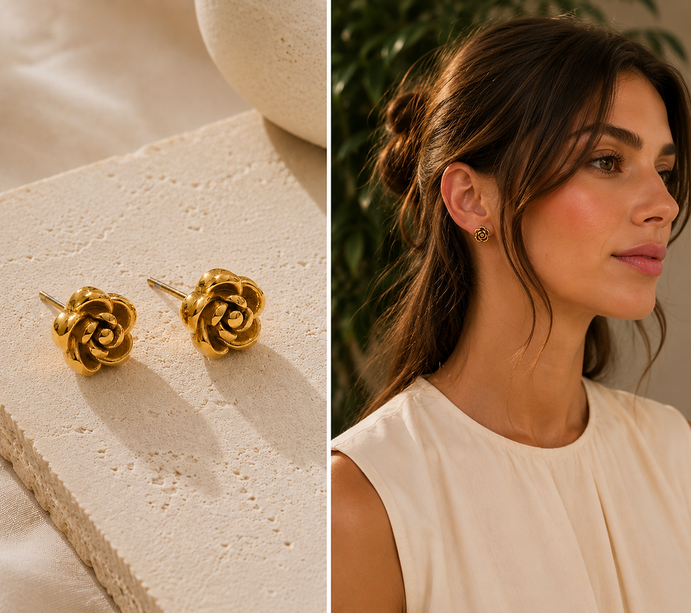 Gold rose flower drop earrings from Orizo displayed on a beige stone surface and worn by a woman with a soft updo, highlighti