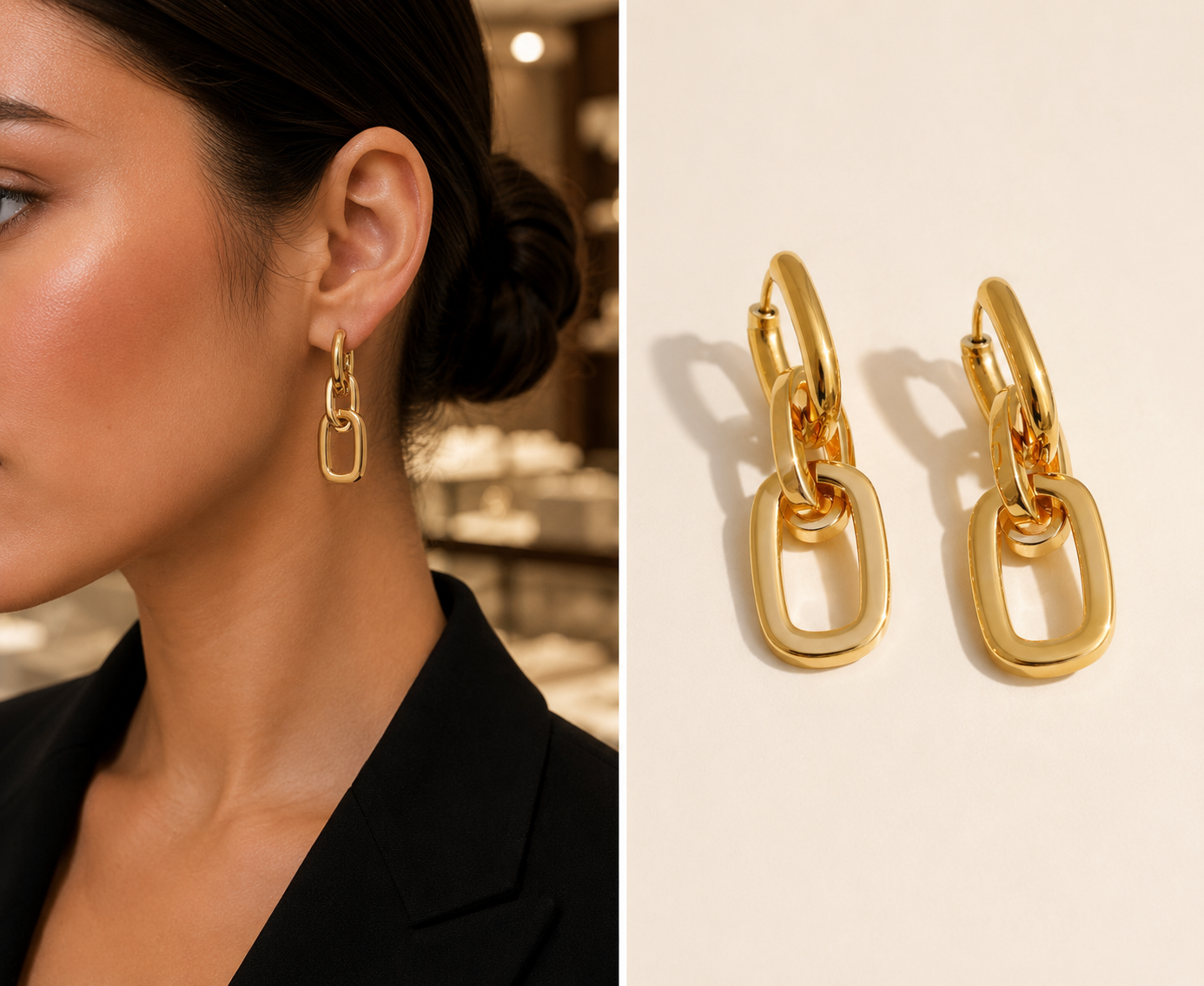 Gold sculpted geometric drop earrings from Orizo displayed on a beige background and worn by a woman with a sleek bun, highli
