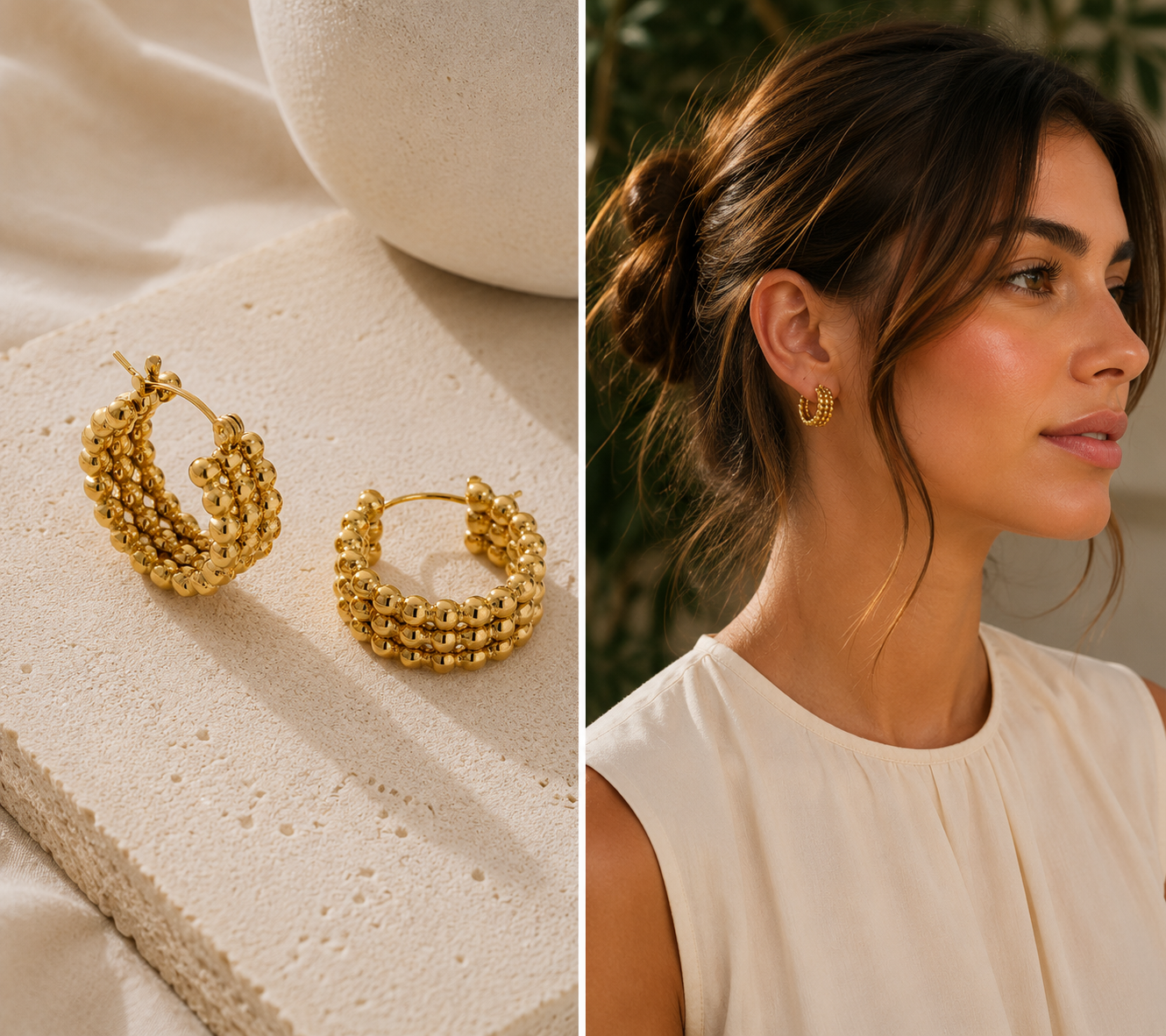 18K gold‑plated beaded huggie hoop earrings from Orizo displayed on a beige stone surface and worn by a woman with a soft upd