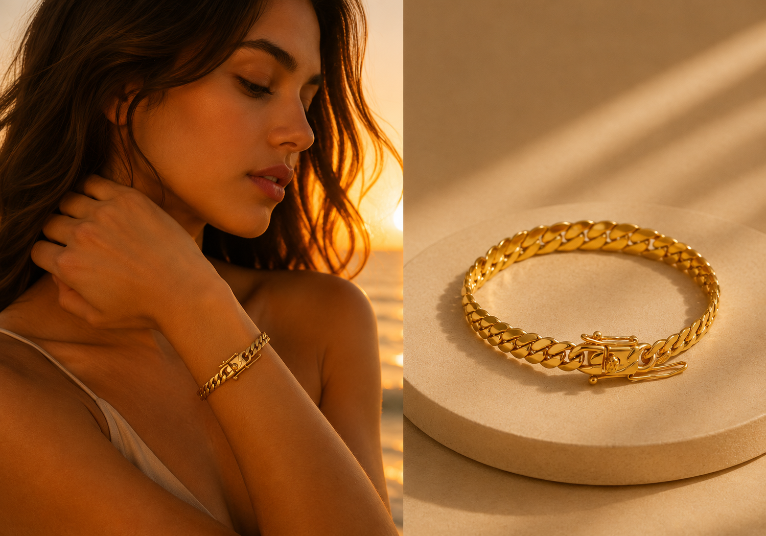 Gold stainless steel chain bracelet from Orizo worn by a woman at sunset, showcasing its elegant design and polished finish.