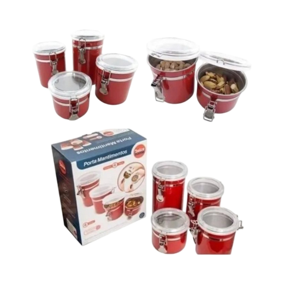 Miniatura: Jogo 4 Porta Mantimentos Vermelho Inox Hermético Vermelho