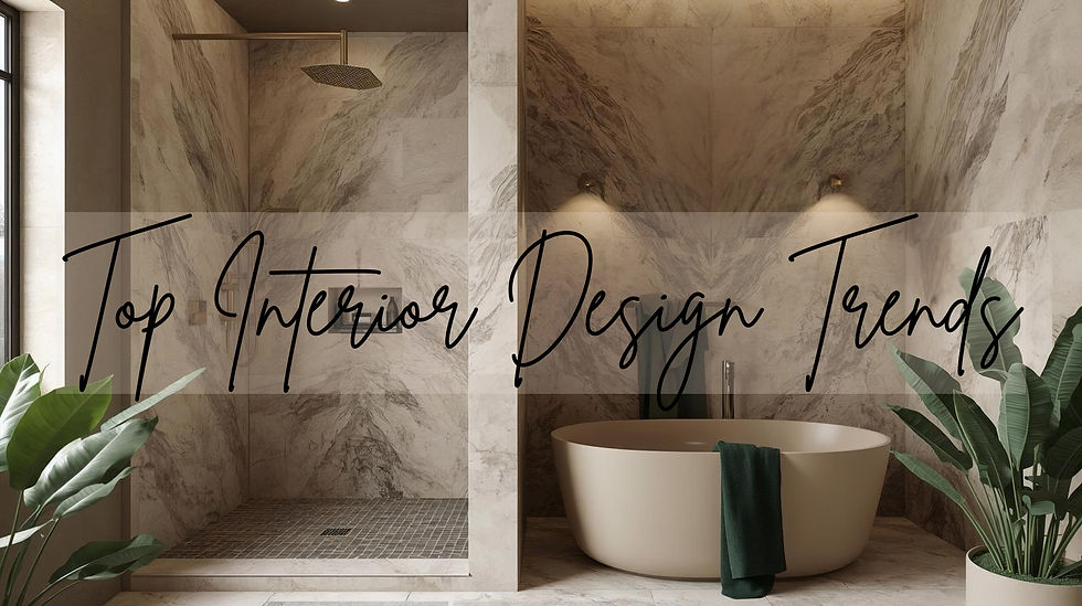 Modern bathroom with marble walls, a beige tub, green plants.