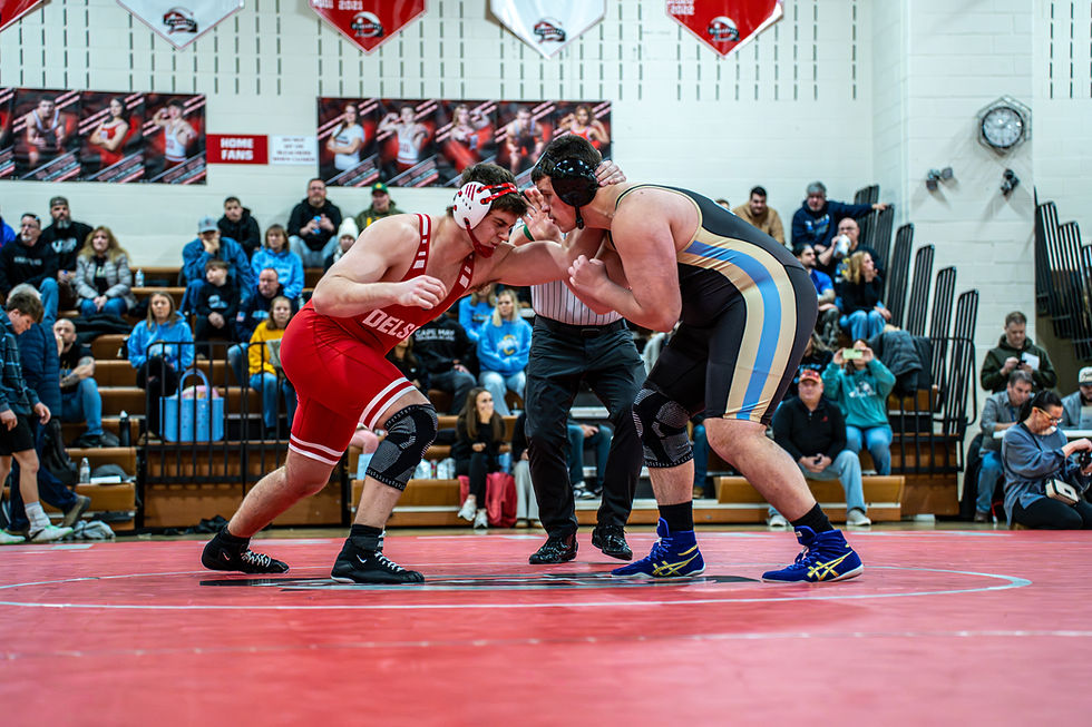 Delsea's Sal Marchese (left) hand fights with Lower Cape May's Jake Hearon (right) in the wrestling match at Delsea Regional High School in Franklinville, New Jersey on Saturday, January 31, 2026. Tommy Maxwell/D2 Sports Network