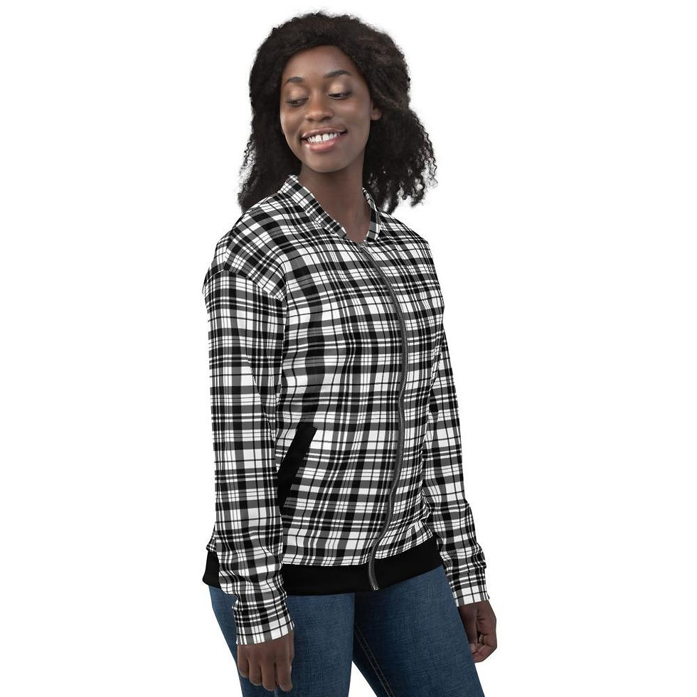 Thumbnail: Womens Bomber Jacket, Black & White Plaid Style