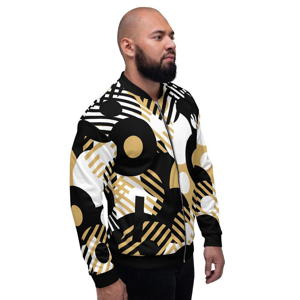 Thumbnail: Mens Bomber Jacket, Black & Gold Geometric Style