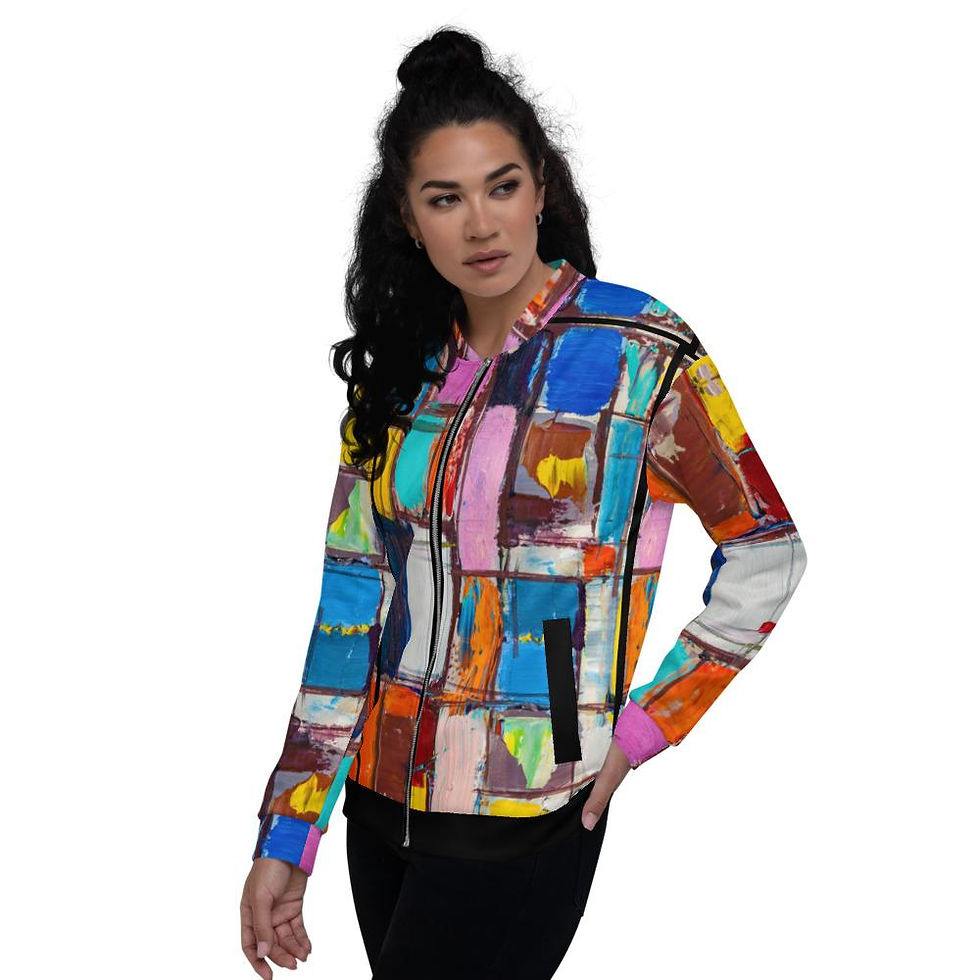 Thumbnail: Womens Bomber Jacket, Abstract Multicolor Block Style