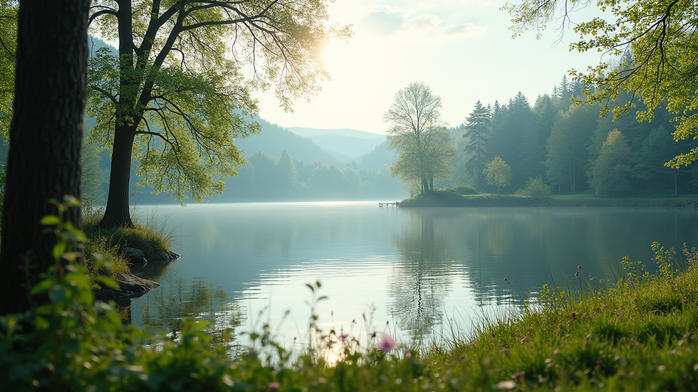 Close-up view of a serene nature scene with a tranquil lake