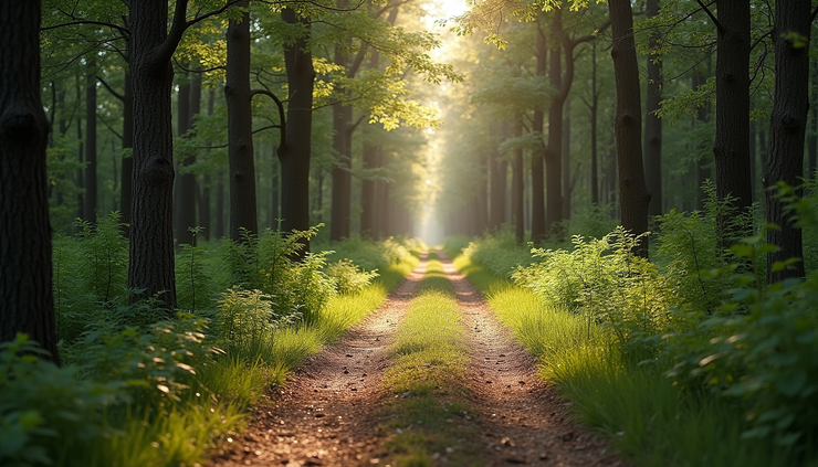 Eye-level view of a quiet path diverging into two forest trails