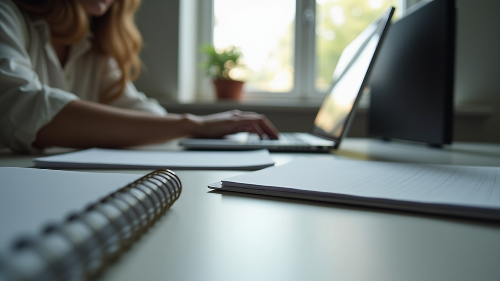Eye-level view of a professional workspace with a laptop and notebook