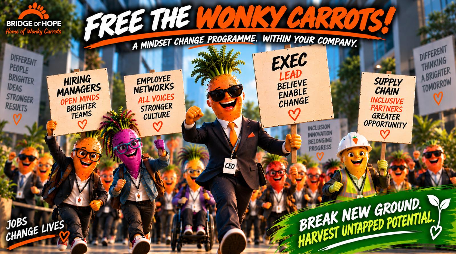 Free the Wonky Carrots programme graphic showing inclusive hiring audiences and the message: break new ground, harvest untapped potential.