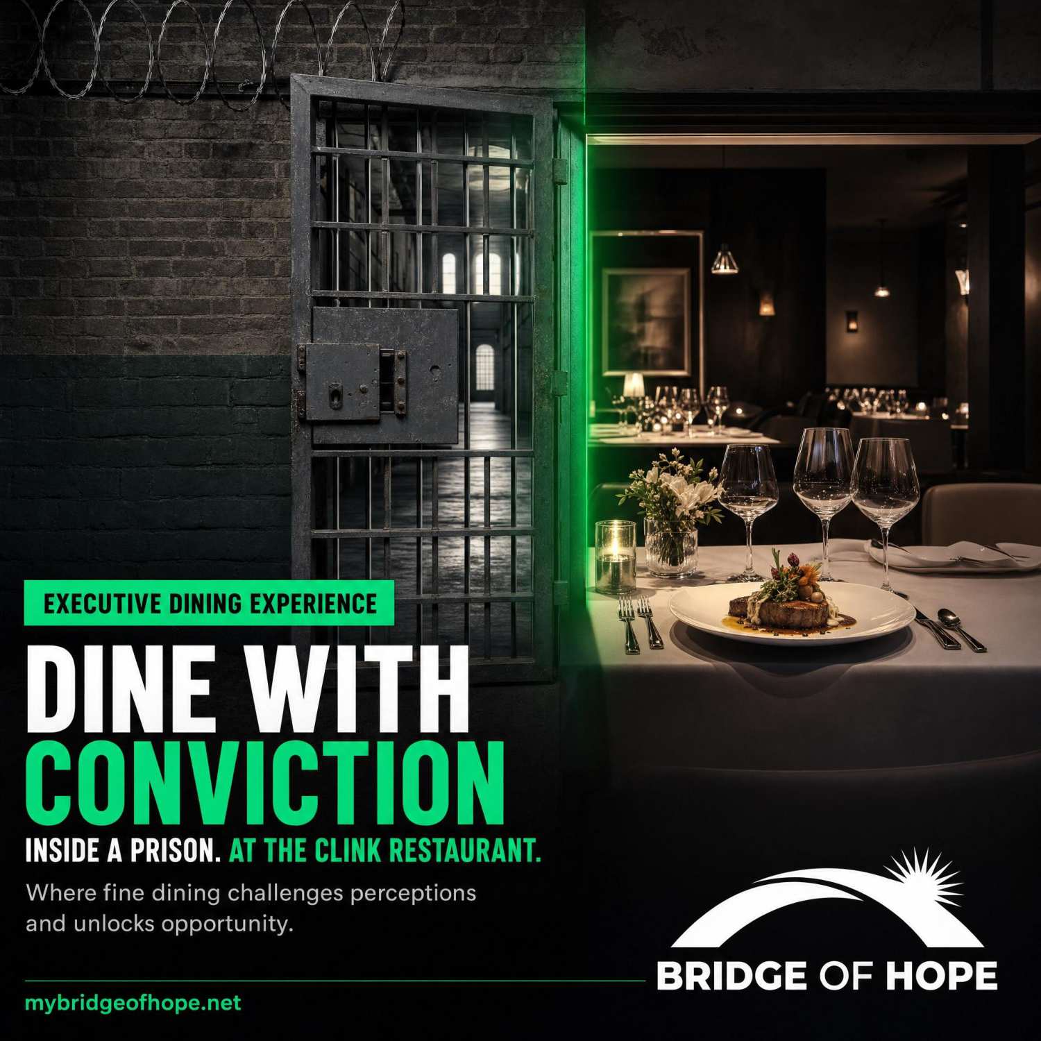 Dine with Conviction executive dining image: quality plated food and a professionally set restaurant table inside a prison setting.