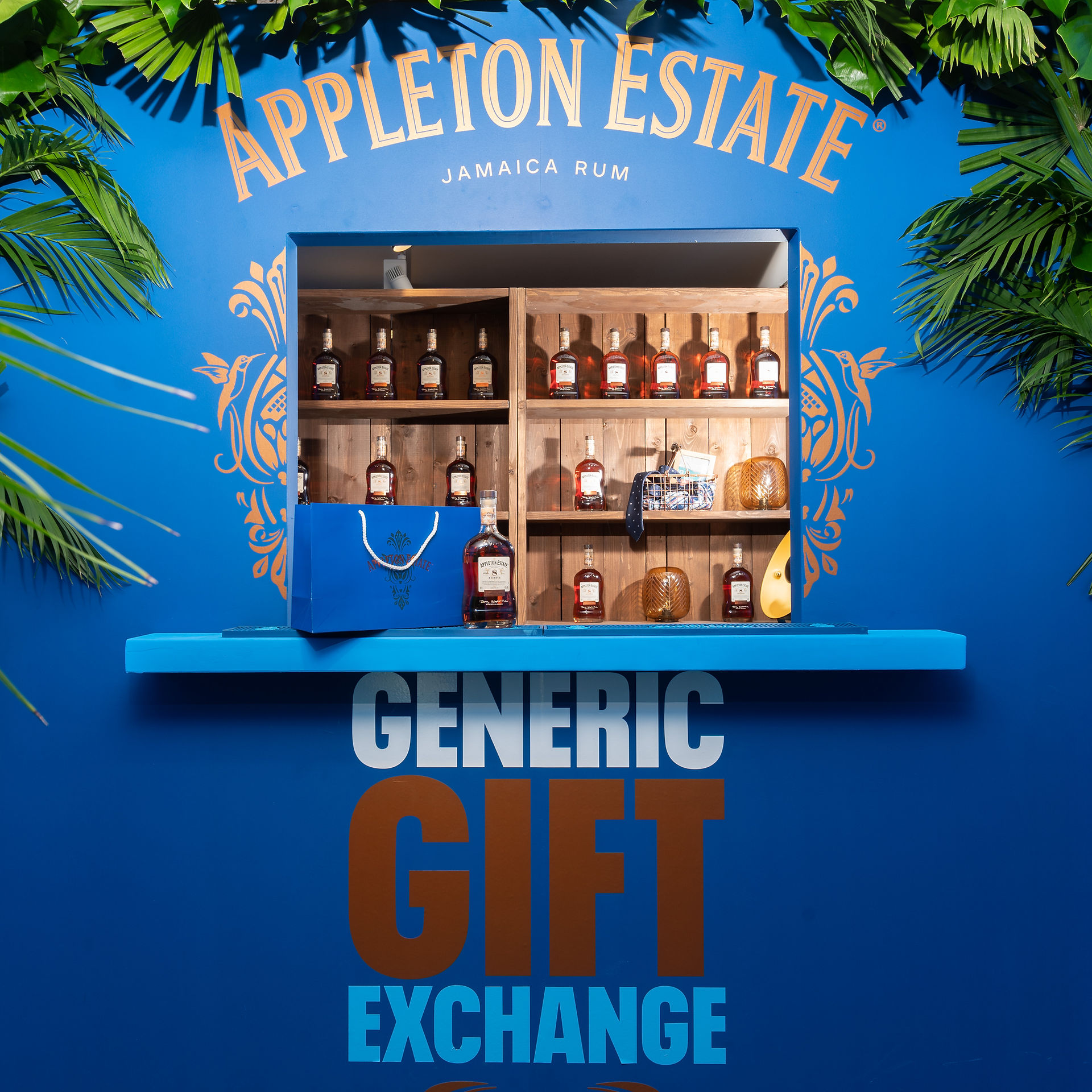 Shelves lined with Appleton Estate bottles at the Generic Gift Exchange activation.