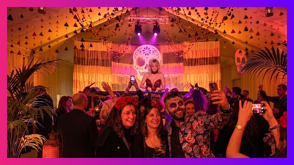 Daylesford Organic Day of the Dead Fiesta illuminated sugar-skull backdrop with crowd