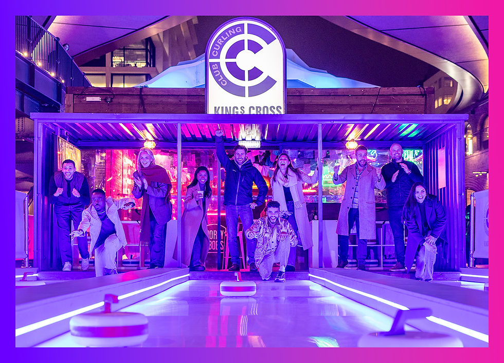 Neon-lit curling lanes and visitors celebrating at King’s Cross Club Curling in Coal Drops Yard.