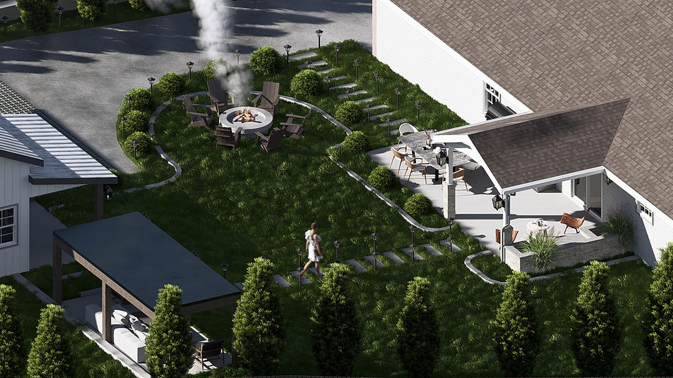 Landscape design. Fire pit. porch. patio. pergola.