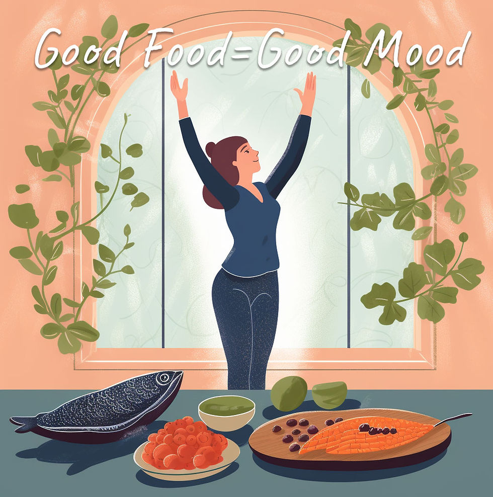 A woman standing in front of a window with healthy food