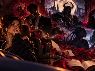 Woman in a car daydreaming about dark romance, surrounded by books, rose petals, gothic castles and dangerous fantasy men.