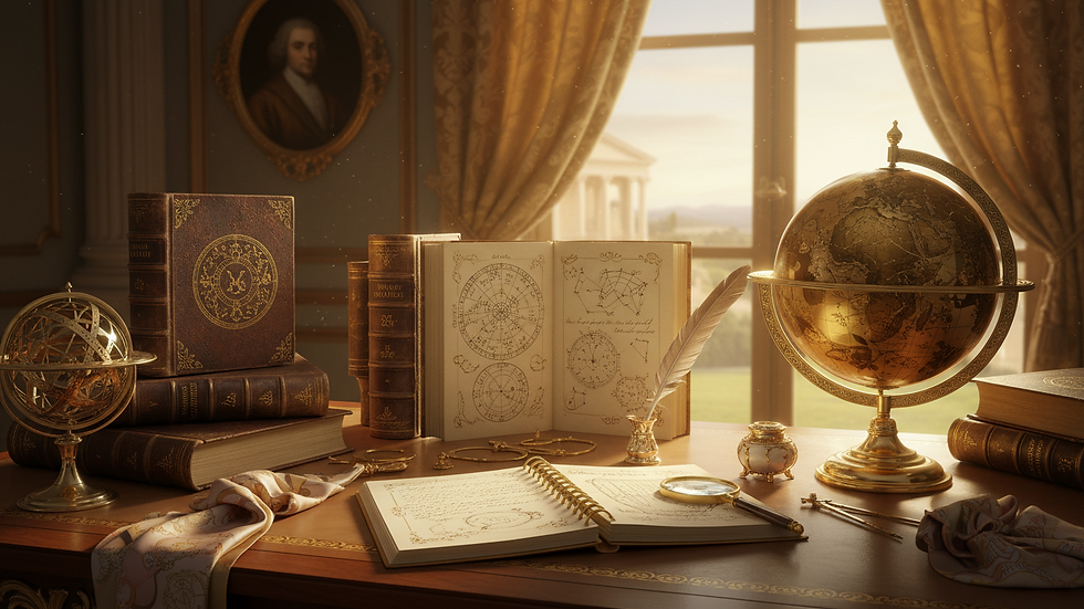 eye-level view of a desk with astrology books and a notebook