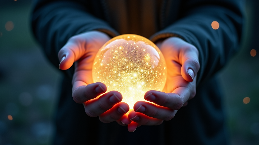 close-up of hands holding a glowing crystal ball with starry background