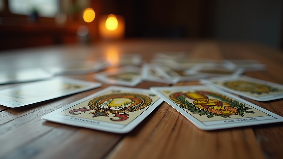 eye-level view of tarot cards spread on wooden table