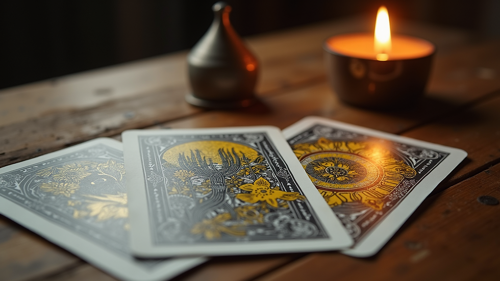 eye-level view of tarot cards laid out on a wooden table