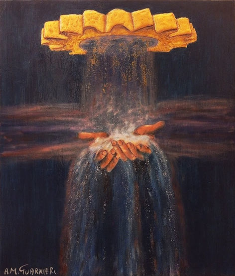 L'opera si ispira al racconto biblico di Gesù che chiede acqua a una Samaritana. L'opera è realizzata in pitto-scultura e raffigura un ingranaggio dal quale scende una pioggia di luce che si trasforma in acqua quando cade su due mani che  cercano di raccoglierla.