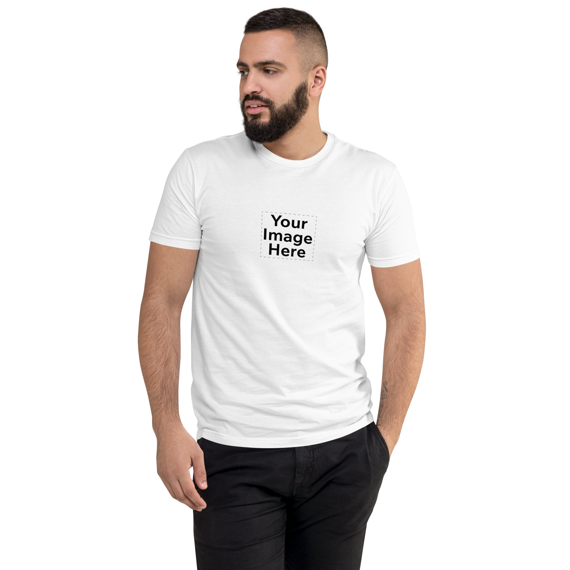 Man wearing white unisex t-shirt with 'Your Image Here' message