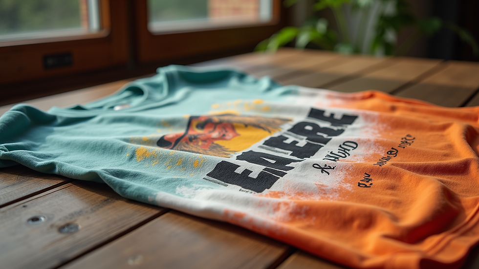 Eye-level view of a vibrant custom printed t-shirt on a wooden table