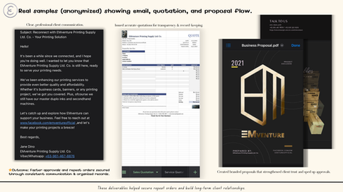 Screenshot showing quotation templates and branded client proposals for business process management.