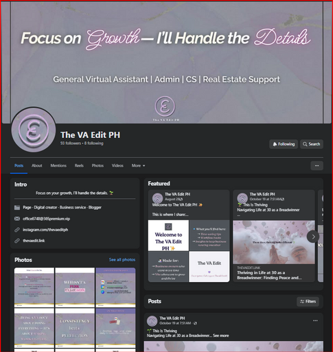 Screenshot of The VA Edit PH Facebook page showing tagline, featured posts, and portfolio branding.