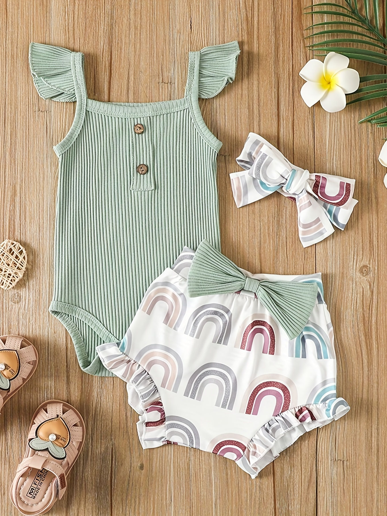 Conjunto de roupas de verão para recém-nascida: body sem mangas, shorts estampad
