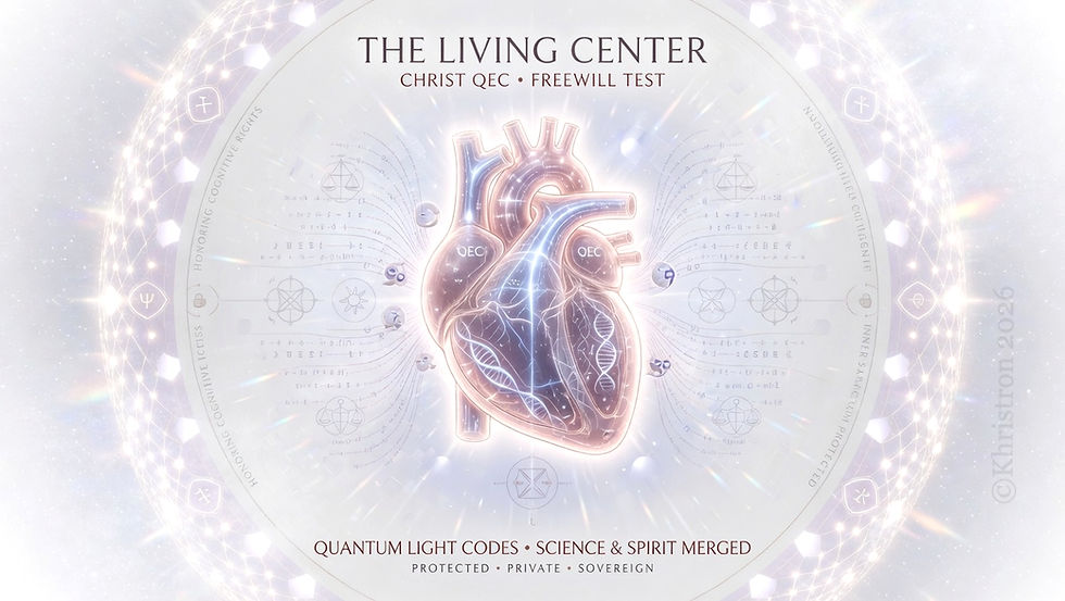 Glowing anatomical heart with The Living Center, Christ QEC, Freewill Test, and Quantum Light Codes text.