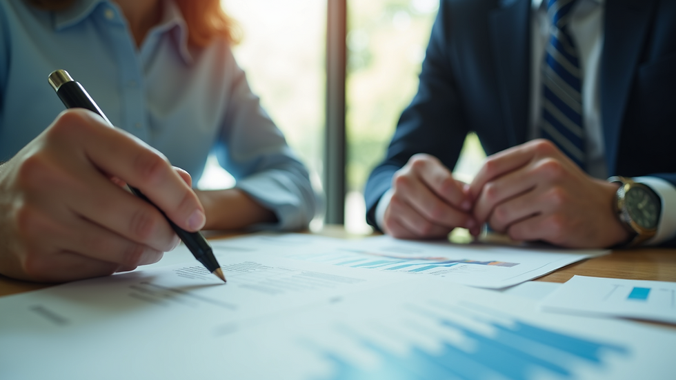 Close-up view of two people discussing financial documents