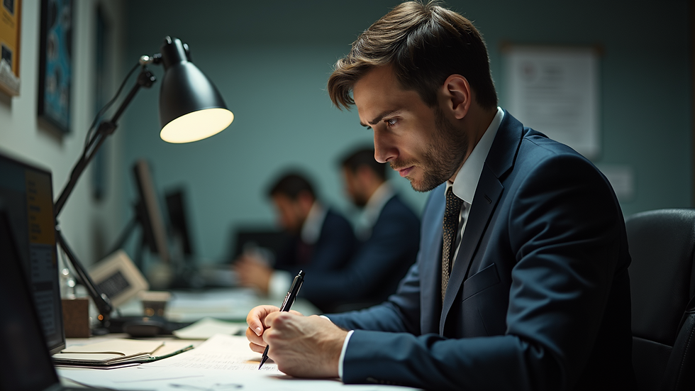 Eye-level view of a private investigator reviewing documents in an office