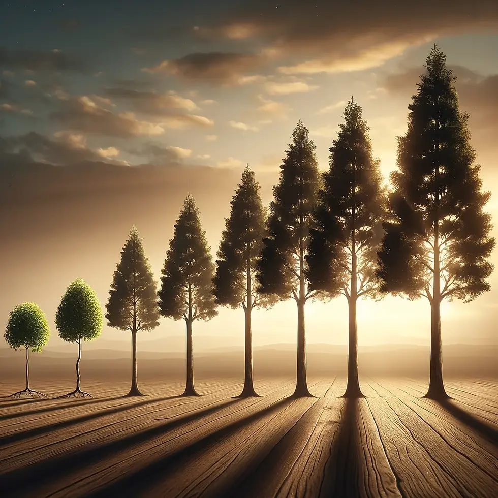 Eight trees lined up based on height