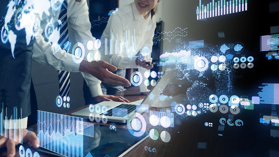 Two people at a computer with symbols representing data overlaying