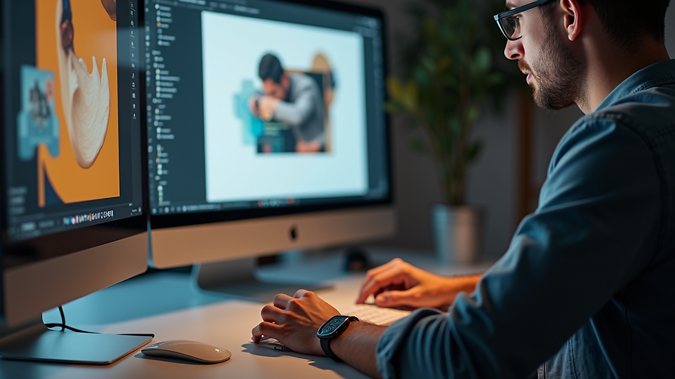 Close-up view of a designer working on brand identity visuals on a computer