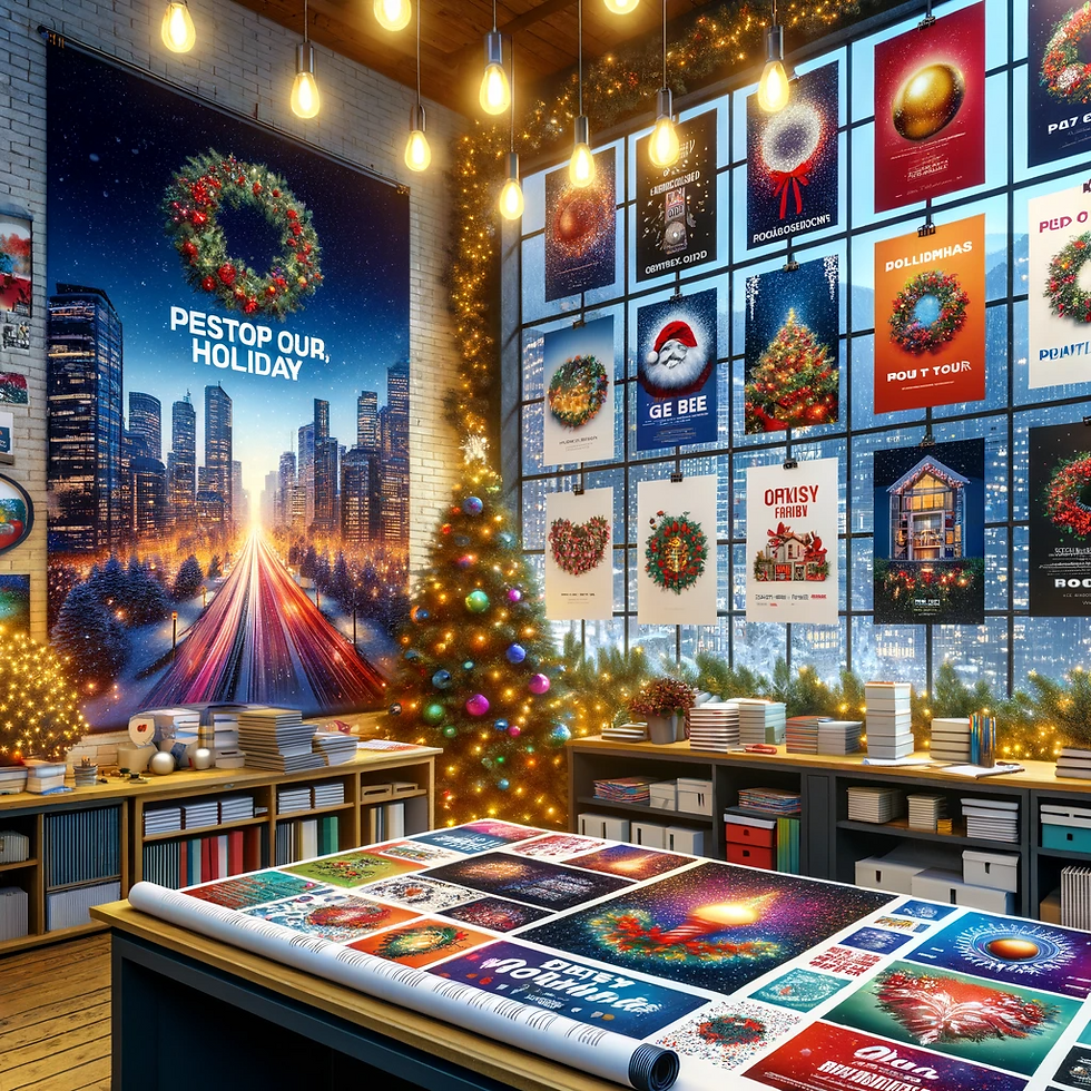 Vibrant Vancouver business setting enhanced by festive holiday decorations and high-quality printed materials, including posters and brochures featuring holiday promotions, capturing the inviting and engaging atmosphere of the holiday season in a local business context.