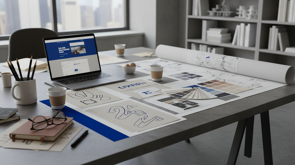 Eye-level view of a designer’s workspace with color swatches and branding sketches
