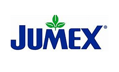 Logo Jumex, marca con letras azules, con tres hojas verdes en la parte superior.