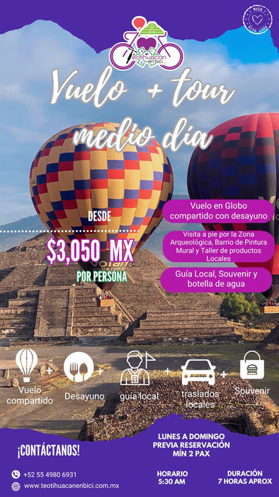 Globo aerostático con texto 'medio día' y precio $3,050 MX en Teotihuacan, México.