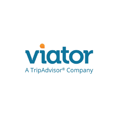 Logotipo de Viator, A TripAdvisor Company, sobre un fondo blanco, viajes y tours.