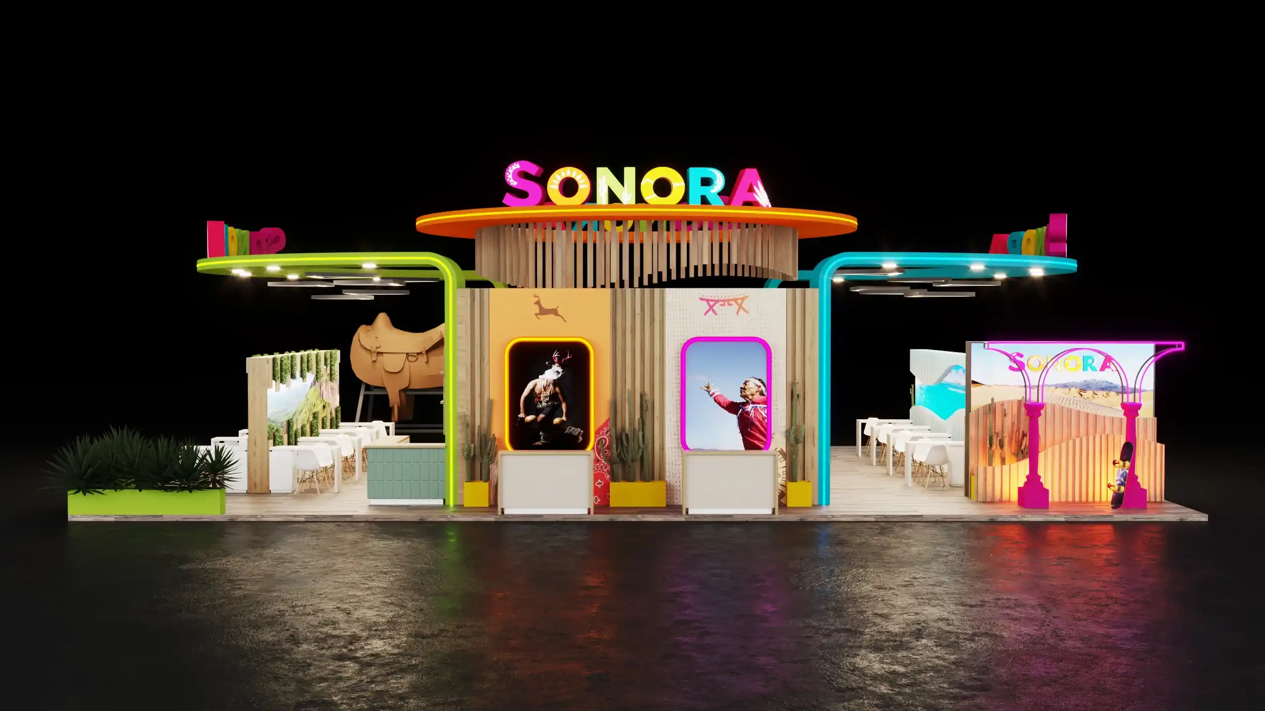 Diseño de stand custom personalizado en madera y formas curvas con iluminación LED integrada y doble