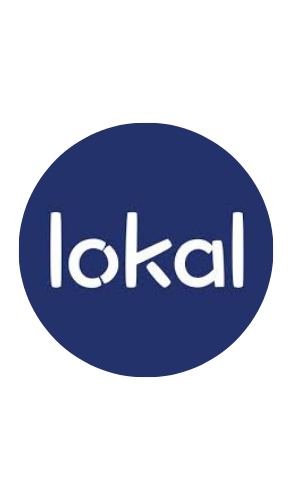 Logo de la marca Lokal con texto blanco sobre un círculo azul oscuro.