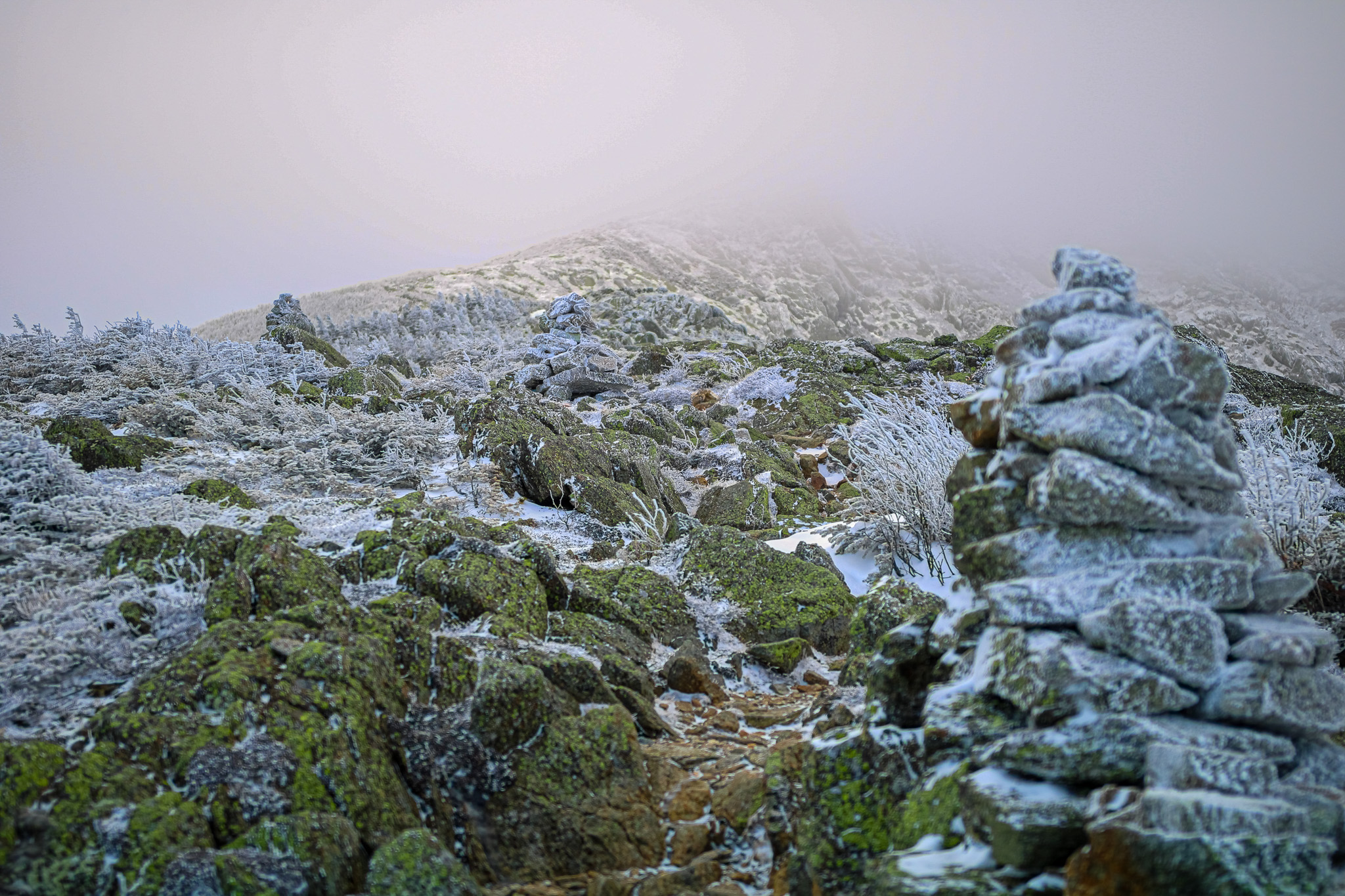 Rime‑covered rocks and cairn on Mount Madison disappearing into clouds.