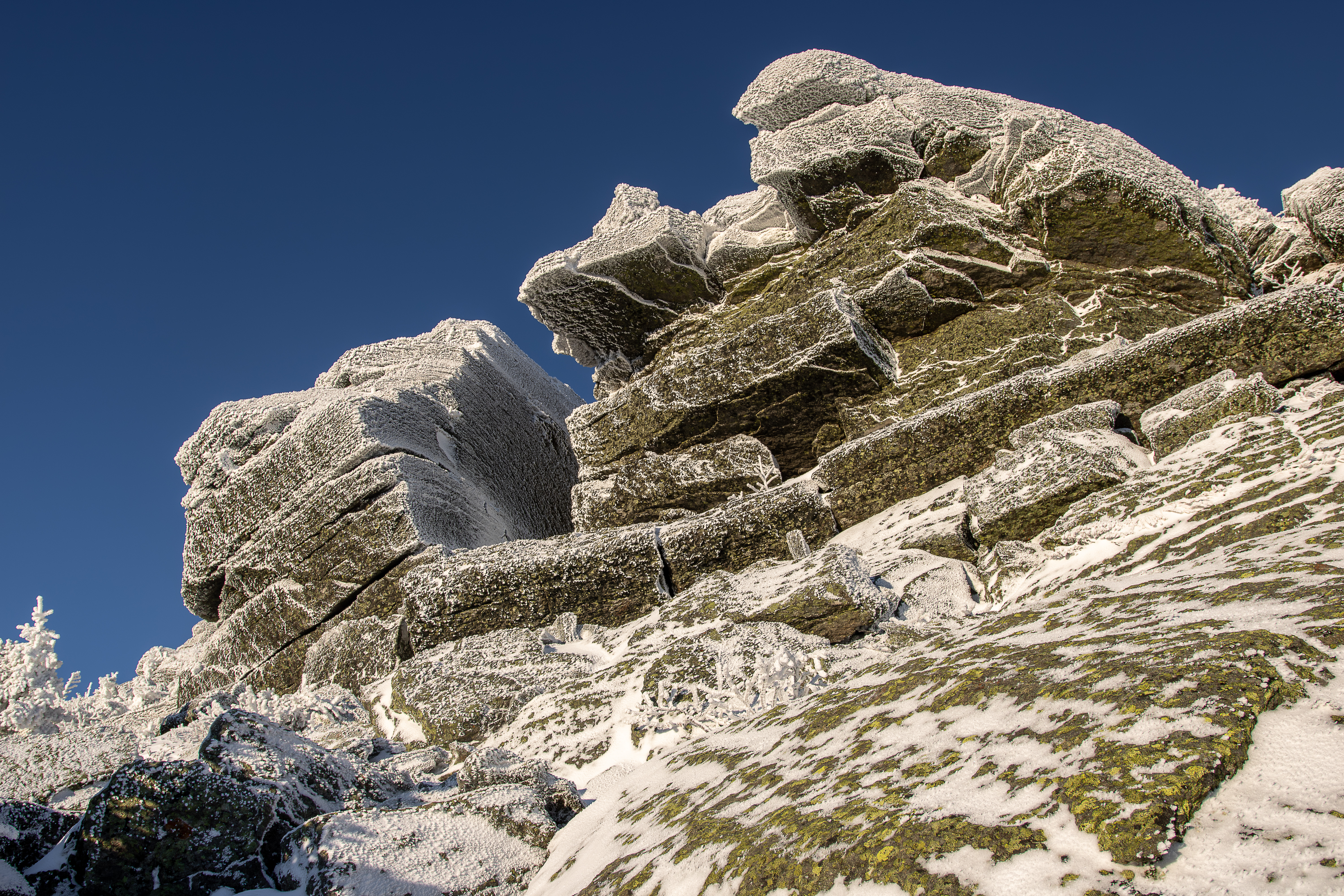 Jagged rime ice and sunrise light on Howker Ridge during a Mt. Madison ascent.