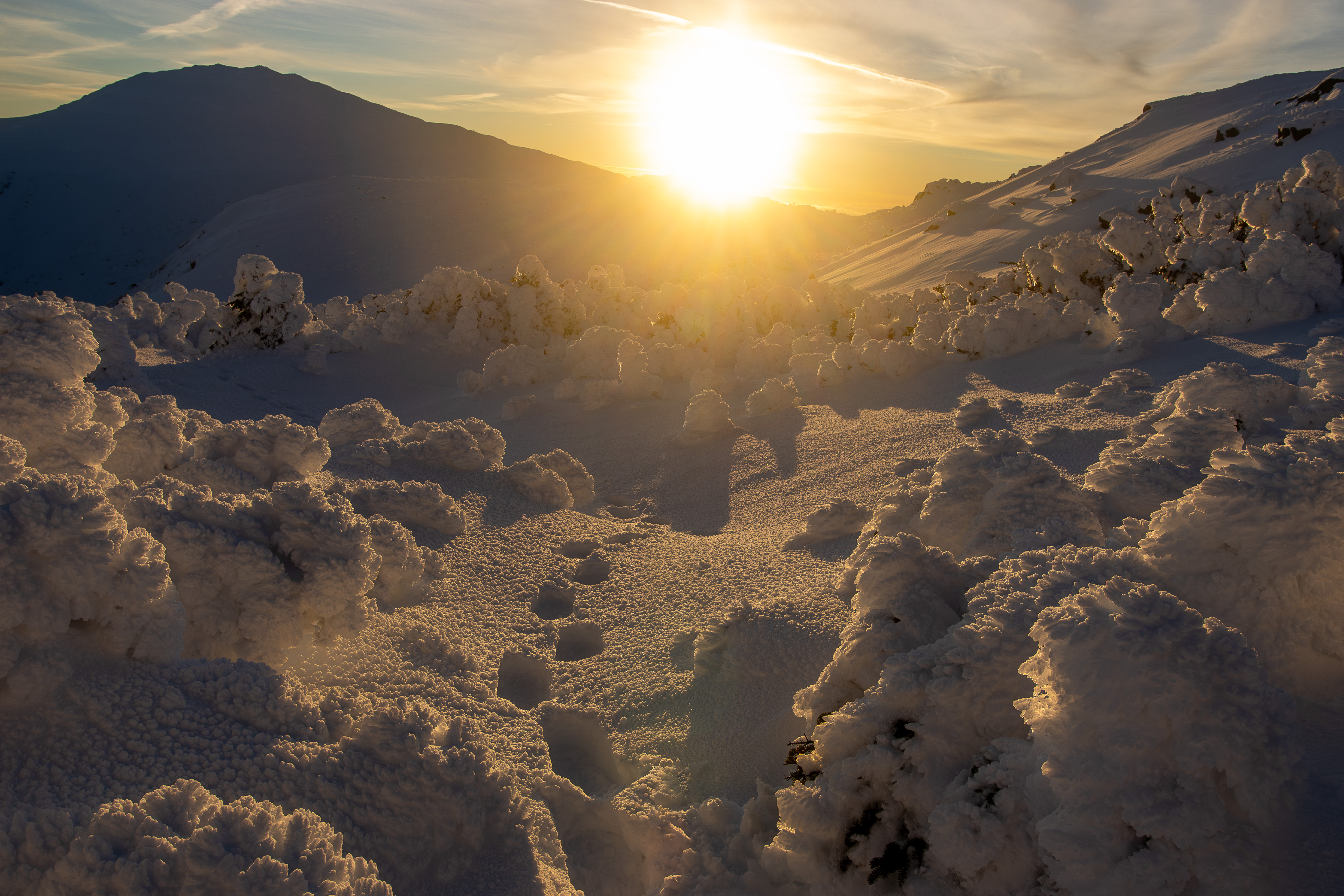 Rime-covered cairn by Mt. Samuel Adams