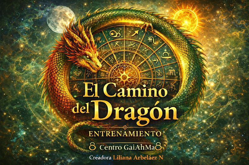 Póster de astrología evolutiva práctica del Camino del Dragón con enfoque terapéutico y espiritual