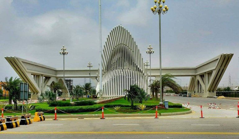 Wide angle view of a modern residential area in Bahria Town