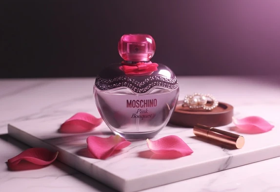Bouteille de parfum en forme de cœur rose, pétales de rose et maquillage sur une surface en marbre.